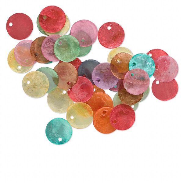 Drop mix, Capiz shell (coated), mixed colors, 13mm flat round. Sold per pkg of 100. image number 0