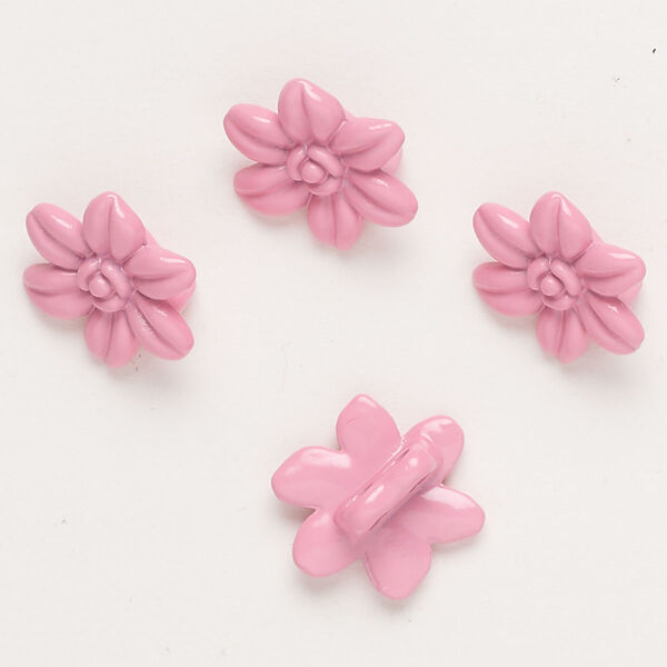 Spacer bar, "pewter" (zinc-based alloy) and enamel, pink, 14x12mm 2-strand flower, fits up to 4mm beads. Sold per pkg of 4. image number 0