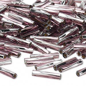 Bead, Miyuki, bugle bead, glass, pkg/50 g, 12x2.7mm twisted, silver-lined translucent plum/clear (TW-3933).