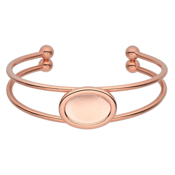 Bracelet, cuff, copper-plated brass and "pewter" (zinc-based alloy), 65x18mm with 18x13mm oval setting, adjustable. Sold individually. image number 0