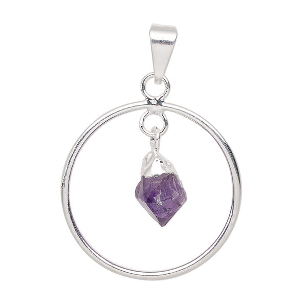 Pendant, Everyday Jewelry, silver-plated brass and amethyst (natural), 30x25mm-32x27mm open round. Sold individually. image number 0