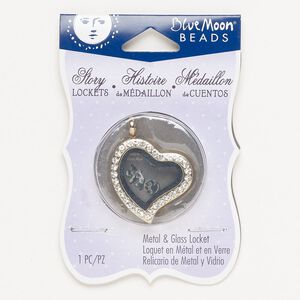 Pendant, rose gold-finished brass and glass, clear, 32x29mm heart locket with magnetic closure. Sold individually.