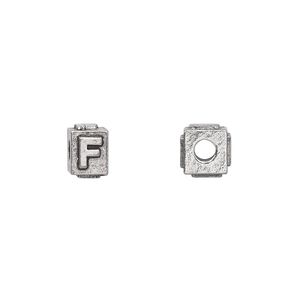 Bead, antiqued pewter (tin-based alloy), 8x6mm rectangle with alphabet letter "F". Sold per pkg of 4.