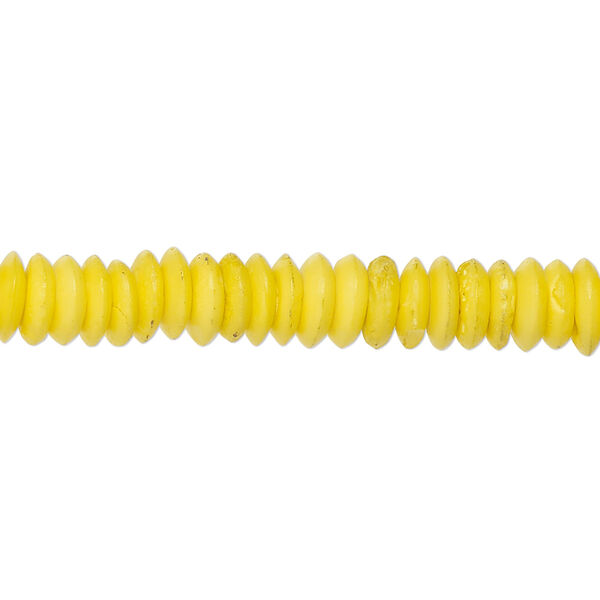 Bead, bone (dyed), yellow, 7x2mm saucer, Mohs hardness 2-1/2. Sold per 15-1/2" to 16" strand. image number 0