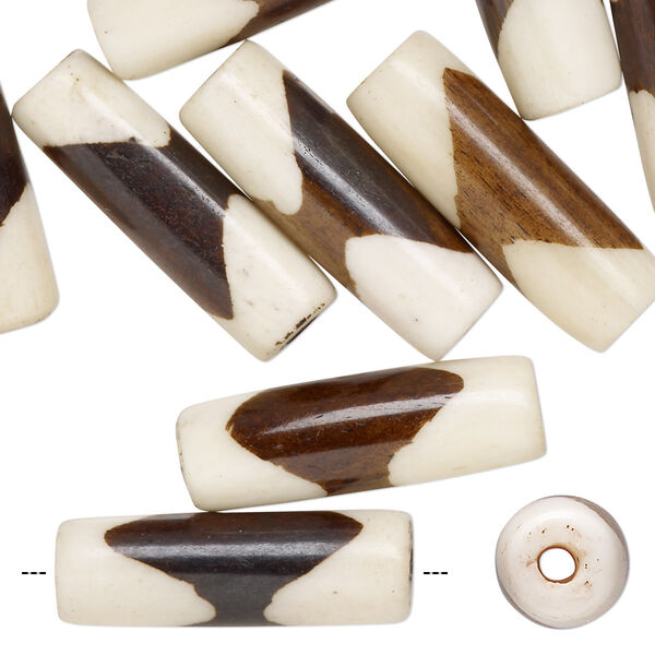 Bead, bone (dyed), brown and white, 24x8mm-26x10mm round tube, Mohs hardness 2-1/2. Sold per pkg of 12. image number 0