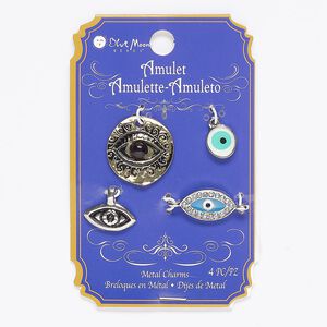Charm and link mix, acrylic / enamel / antique gold- / silver- / antique silver-finished "pewter" (zinc-based alloy), black / blue / green, mixed sizes and mixed shapes with evil eye design. Sold per pkg of 4.