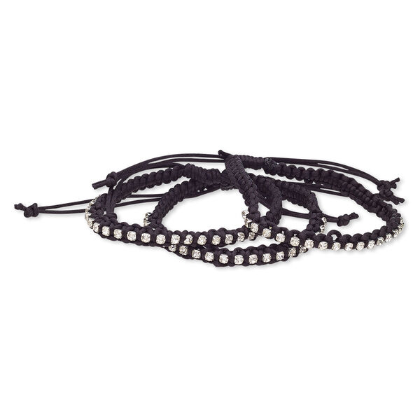 Bracelet, glass rhinestone / nylon / silver-plated brass, black and clear, 6mm wide with cupchain, adjustable from 7-1/2 to 9-1/2 inches with macramé knot closure. Sold per pkg of 3. image number 0