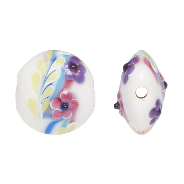 Bead, lampworked glass, opaque multicolored, 19mm puffed flat round with flower and dot design. Sold per pkg of 2. image number 0