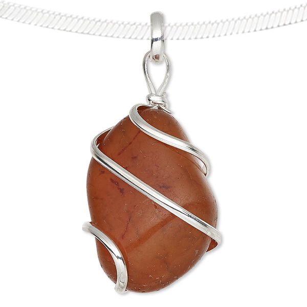 Pendant, carnelian (dyed / heated) and silver-plated brass, medium to large hand-cut wire-wrapped tumbled nugget. Sold individually. image number 0