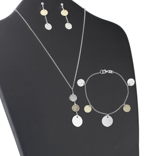 Necklace / bracelet / earring, sterling silver and "vermeil," 44mm dangle with 10mm and 15mm round, 16 inches, 10mm round dangle, 7 inches, 40mm dangle with 10mm and 15mm round and post. Sold per set. image number 0