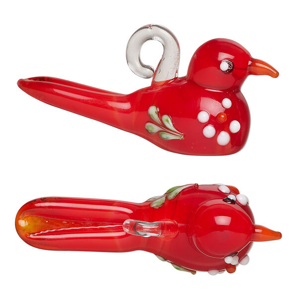 Drop, lampworked glass, opaque multicolored, 39x17mm bird. Sold individually. image number 0
