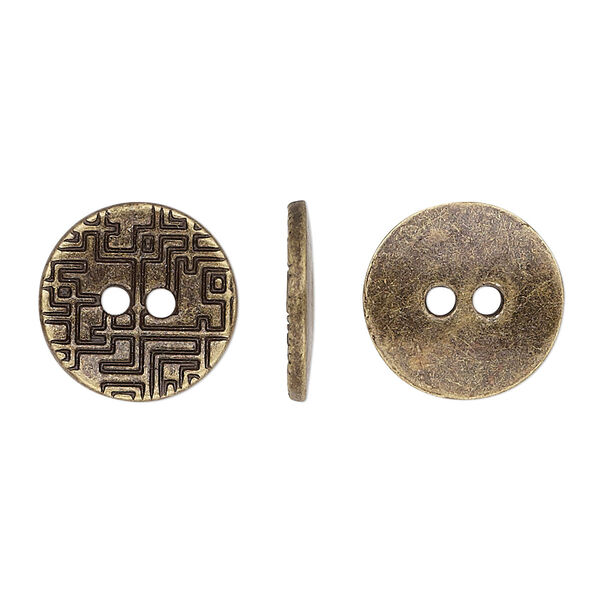 Button, antiqued brass-finished "pewter" (zinc-based alloy), 15mm single-sided flat round with geometric design. Sold per pkg of 20. image number 0