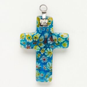 Focal 1pkg1 silver-finished steel and millefiori glass, translucent and transparent aqua blue and multicolored, 33x23mm-35x24mm cross.