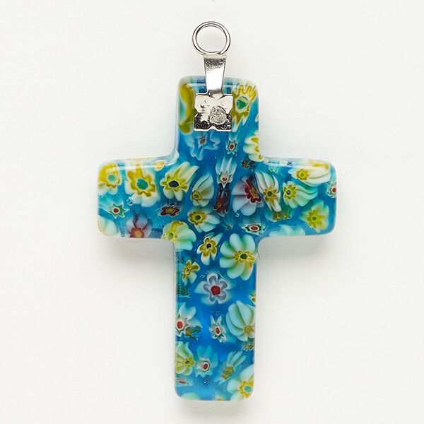 Focal 1pkg1 silver-finished steel and millefiori glass, translucent and transparent aqua blue and multicolored, 33x23mm-35x24mm cross. image number 0
