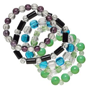 Bracelet mix, stretch, glass, two-tone multicolored, 8-9mm mixed shapes, 6 inches. Sold per pkg of 5.