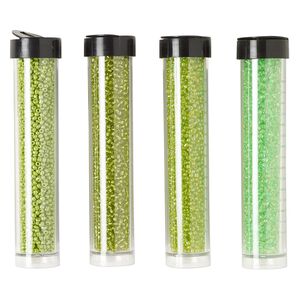 Seed bead assortment, Ming Tree™, glass, pkg/(4) 4 x 3/4 inch vials, #11 round, opaque and transparent silver-lined rainbow lime green and bright green.