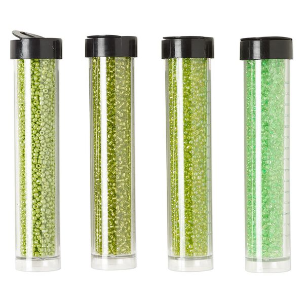 Seed bead assortment, Ming Tree™, glass, pkg/(4) 4 x 3/4 inch vials, #11 round, opaque and transparent silver-lined rainbow lime green and bright green. image number 0