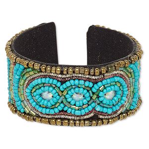 Bracelet, cuff, acrylic / cotton / glass / plastic sequin / steel, iridescent multicolored, 31mm wide with oval and line stripe design, adjustable from 6-7 inches. Sold individually.