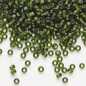 Seed bead, Miyuki, glass, pkg/250g, #8 rocaille, transparent silver-lined olive green (RR-26).