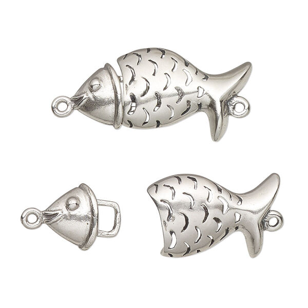 Clasp, hook, antiqued sterling silver, 25x13mm fish. Sold individually. image number 0