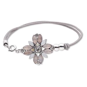 Bracelet, 2-strand stretch, acrylic / glass rhinestone / nylon / silver-plated steel / "pewter" (zinc-based alloy), grey / white / clear, 25x25mm flower, 6-1/2 inches with springring clasp. Sold individually.