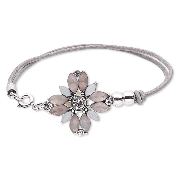 Bracelet, 2-strand stretch, acrylic / glass rhinestone / nylon / silver-plated steel / "pewter" (zinc-based alloy), grey / white / clear, 25x25mm flower, 6-1/2 inches with springring clasp. Sold individually. image number 0