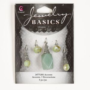 Drop assortment, silver-finished steel / brass / green aventurine (natural) / glass, green AB, mixed sizes and shapes. Sold per pkg of 5.