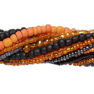 Bead mix, seed bead and bugle bead, glass, pkg/(10)14 inch, 6/0 center-drilled round, mixed mixed colors.