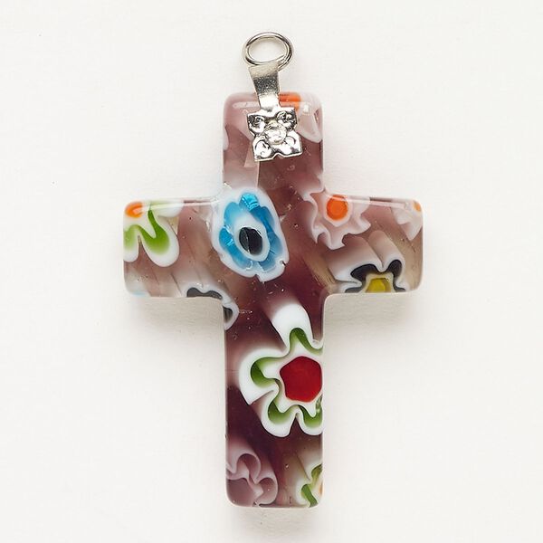 Focal 1pkg1 silver-finished steel and millefiori glass, translucent and transparent purple and multicolored, 33x23mm-35x24mm cross. image number 0