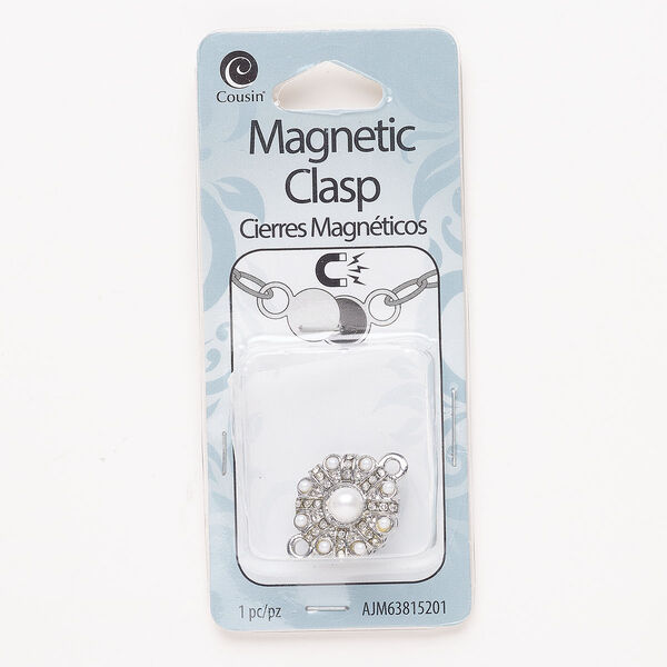 Clasp, magnetic, steel / acrylic / glass, pkg/1, 17mm flower, antique silver finish / clear / white. image number 0