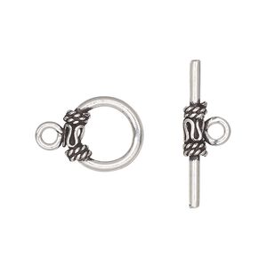 Clasp, toggle, antiqued sterling silver, 13mm round with rope and wave design. Sold individually.