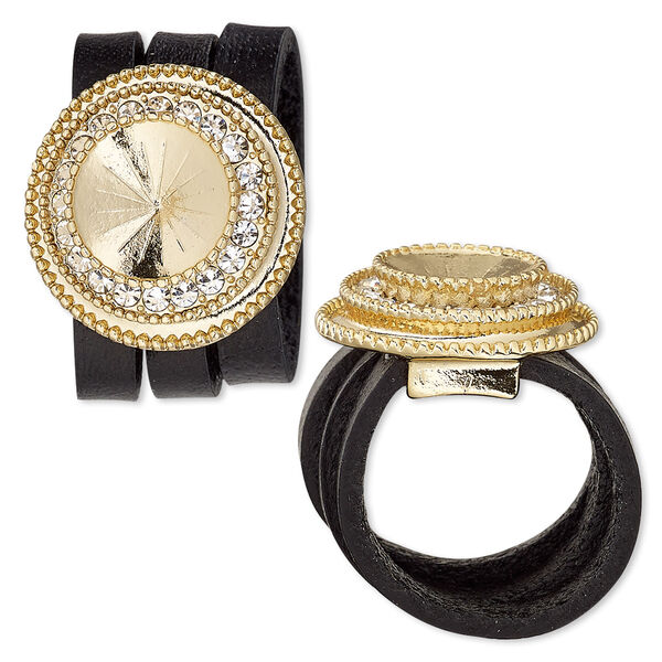 Ring, Almost Instant Jewelry®, leather (dyed) / crystals / gold-finished "pewter" (zinc-based alloy), black and crystal clear, 22mm wide with beaded rim and 12mm rivoli setting, size 7-1/2 to 8. Sold individually. image number 0