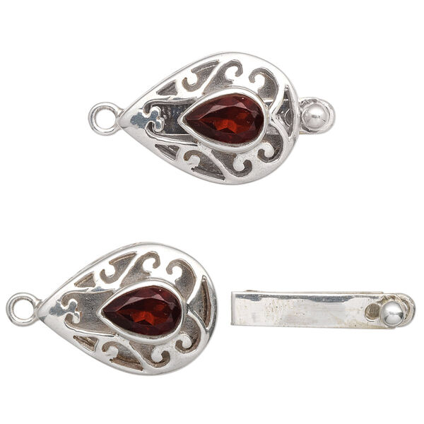 Clasp, tab, garnet (natural) and sterling silver, 18x13mm filigree teardrop with 8x5mm faceted teardrop. Sold individually. image number 0