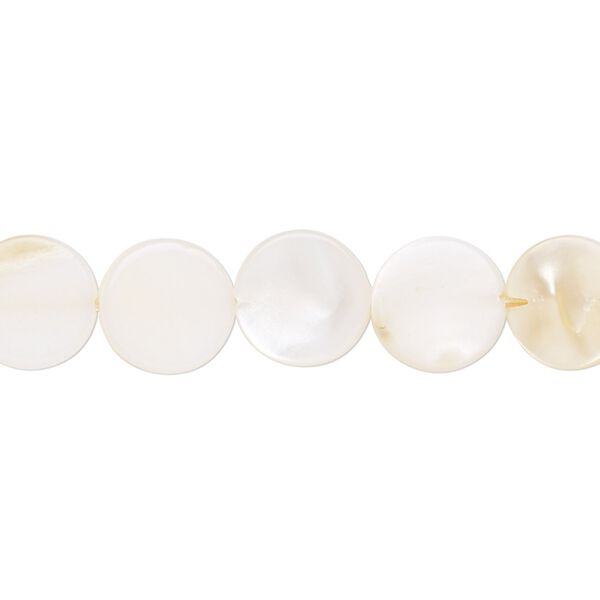 Bead, mother-of-pearl shell (bleached), white, 10mm flat round, Mohs hardness 3-1/2. Sold per 15-1/2" to 16" strand. image number 0