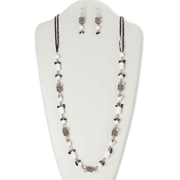 Necklace and earring set, glass / silver-finished steel / brass / antiqued silver-finished brass, black and white, 32 inches with lobster claw clasp, 2-1/4 inch earrings with fishhook ear wire. Sold per set. image number 0