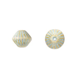 Bead, Preciosa, Czech pressed glass, opaque white blue patina, 11mm fluted bicone. Sold per pkg of 12.