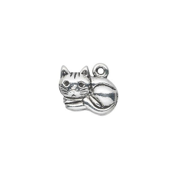 Charm, antique silver-plated "pewter" (zinc-based alloy), 15x12mm single-sided cat. Sold per pkg of 10. image number 0