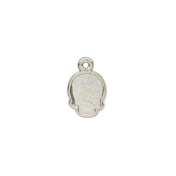 Charm, imitation rhodium-plated "pewter" (zinc-based alloy), 12x10mm skull with 10x7.5mm flat back skull glue-in setting. Sold individually. image number 0