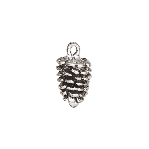 Charm, antique silver-finished "pewter" (zinc-based alloy), 16x10mm 3D pinecone. Sold per pkg of 4. image number 0