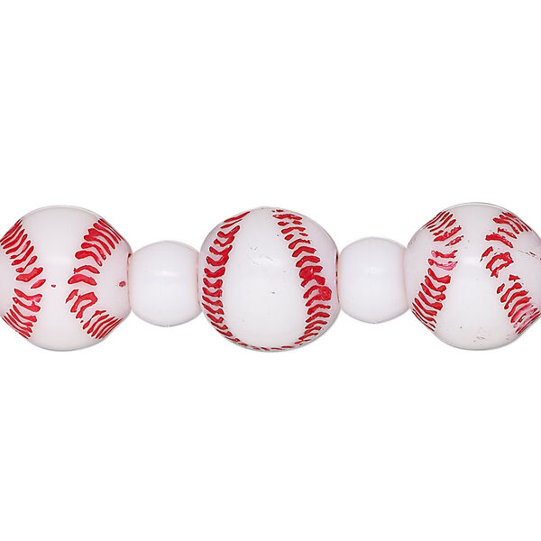 Bead, acrylic, opaque red and white, 7x5.5mm crow and 11mm baseball. Sold per 8-inch strand. image number 0