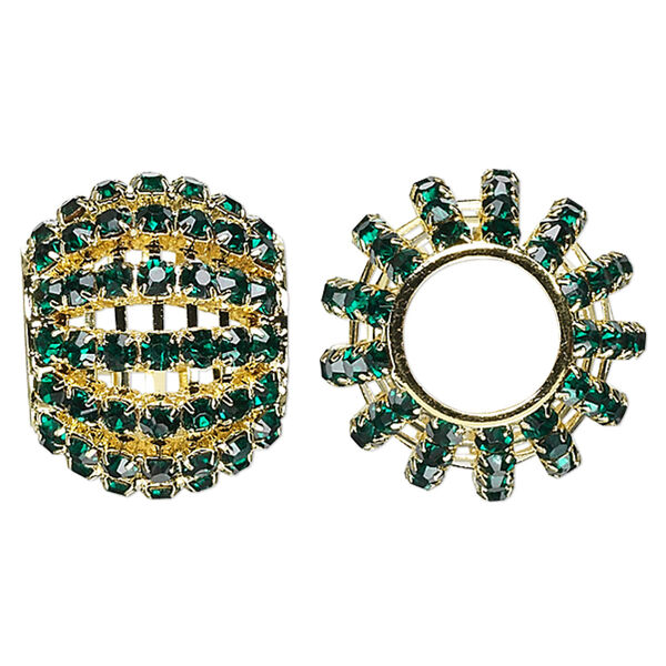 Bead, glass rhinestone and gold-finished brass, emerald green, 25x20mm barrel with 3mm chatons, 11.5mm hole. Sold individually. image number 0