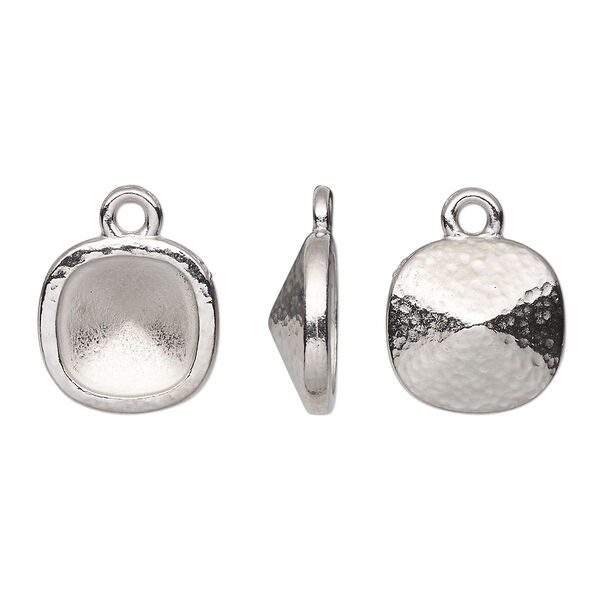 Drop, TierraCast®, Almost Instant Jewelry®, white bronze-plated pewter (tin-based alloy), 13mm hammered square with 10mm cushion glue-in setting (4470). Sold per pkg of 2. image number 0