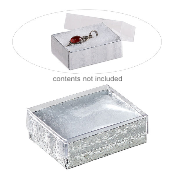 Box, plastic and paper, "cotton"-filled, silver and clear, 2-1/8 x 1-5/8 x 3/4 inch rectangle. Sold per pkg of 10. image number 0