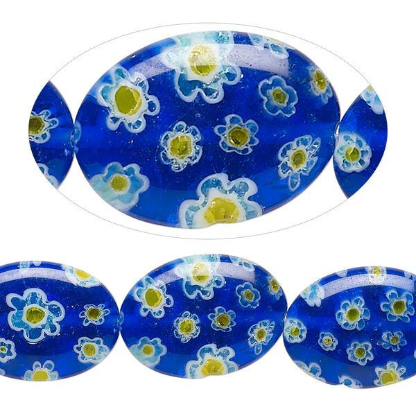 Bead, millefiori glass, translucent cobalt / white / yellow, 18x13mm puffed oval with 0.6-0.8mm hole. Sold per 15-inch strand. image number 0
