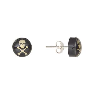 Earstud, Everyday Jewelry, sterling silver and acrylic, black and light yellow, 9mm round with skull and crossbones. Sold per pair.