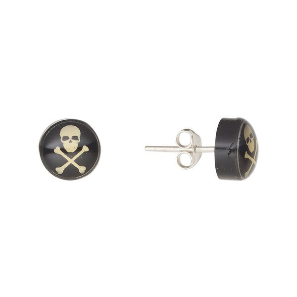 Earstud, Everyday Jewelry, sterling silver and acrylic, black and light yellow, 9mm round with skull and crossbones. Sold per pair. image number 0