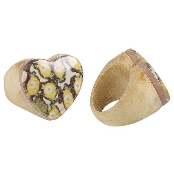 Ring, Everyday Jewelry, Taiwanese cheesewood, white / green / yellow, 18mm heart, size 7. Sold individually. image number 0