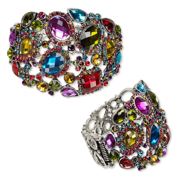 Bracelet, hinged bangle, resin and antique silver-plated "pewter" (zinc-based alloy), multicolored, 62mm wide, 7 inches. Sold individually. image number 0