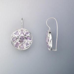 Earring, sterling silver and amethyst (natural), 4mm round, 5mm triangle, 5x2mm and 6x3mm rectangles, 6x3mm marquise, 4mm square, 6x4mm teardrop, 7x5mm and 5x3mm oval, 32x23mm. Sold per pair.