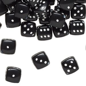 Bead, acrylic, opaque black and white, 8.5mm diagonally drilled six-sided dice, approximately 10mm stringing length. Sold per pkg of 100.